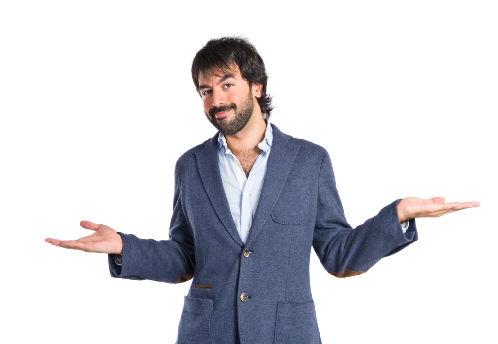 handsome man having doubts over isolated white background